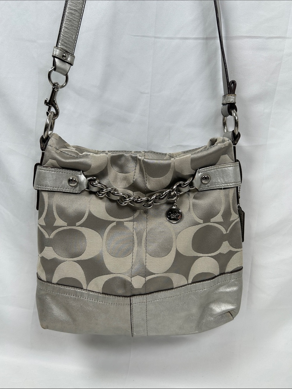 Coach Silver Taupe Signature Chain Shoulder Bag Metallic F18862 Pink Lining